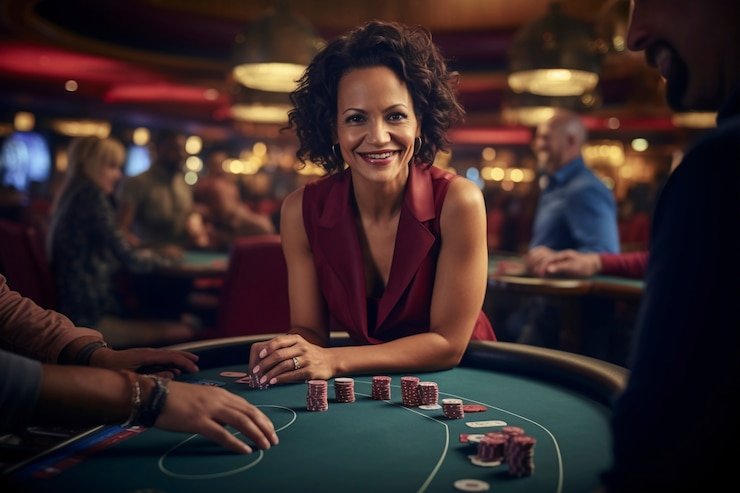 Meja poker Texas Hold'em di platform nanastoto login dengan pemain dan kartu komunitas